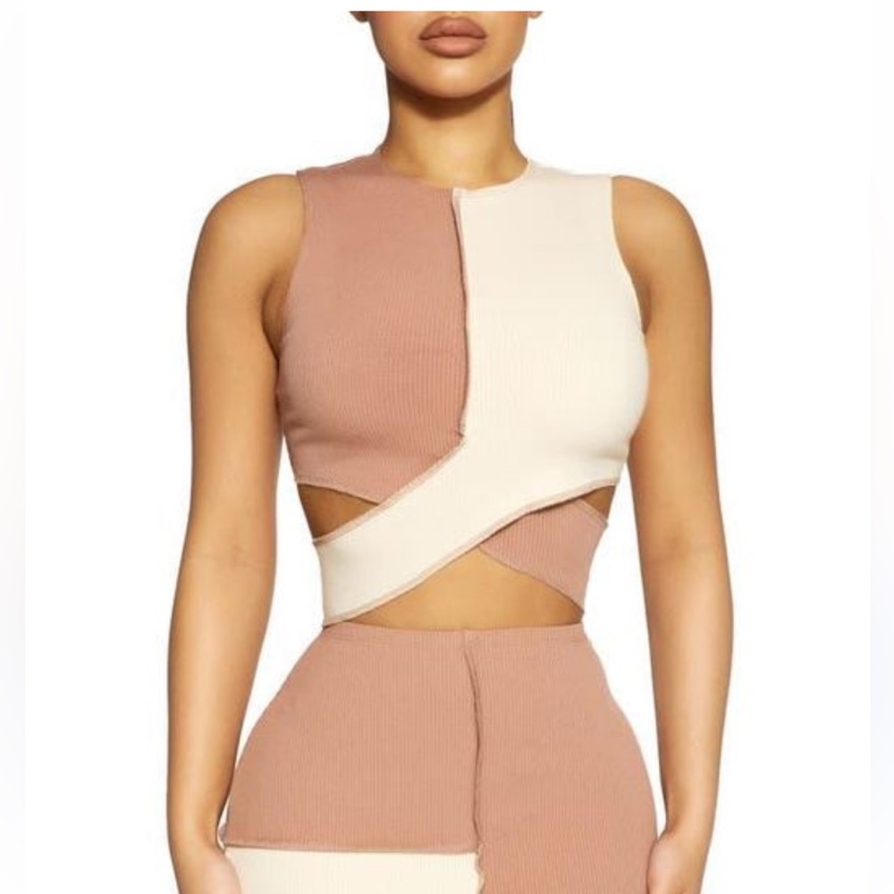 Naked Wardrobe oatmeal/coco | crisscross rib crop top | XS